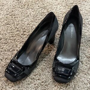 VGUG Women's Block Heel Pumps, herringbone fabric with Patent and Buckle Accent